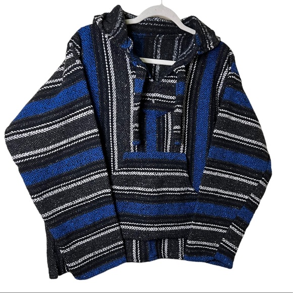 70s BAJA UNISEX Blue and Black Hippie Boho Gypsy Woven Rug Hoodie Jacket - Picture 3 of 7